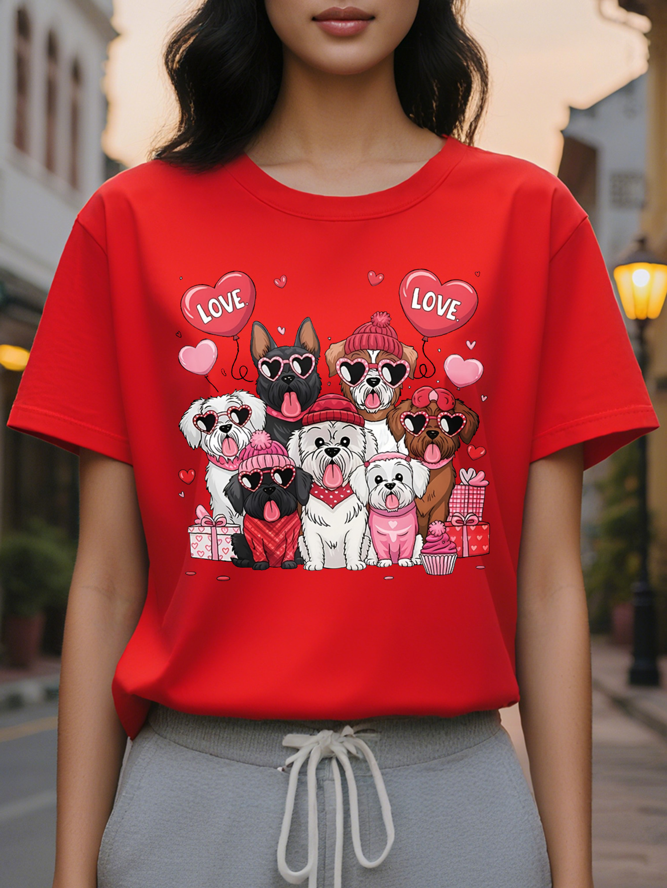 Love Puppy Graphic Print T-shirt Casual Short Sleeve Crew Neck Top for Spring Summer Women's Clothing