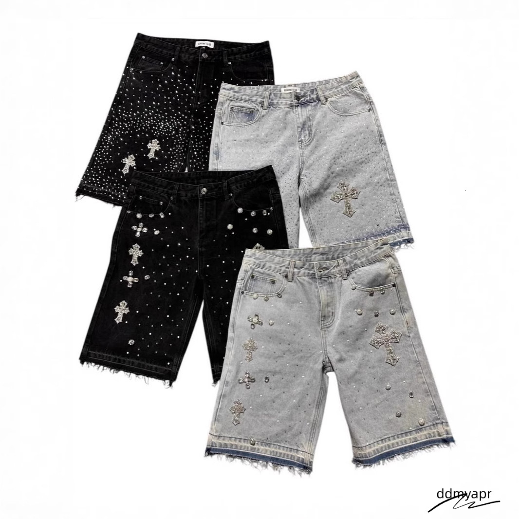 Men's Shorts Gothic Rhinestone Cross Embroidery Viral Denim Jorts Vintage American Trend Gym Men Women Street Hip Hop Jean Ddmyday Short Ddmyday 