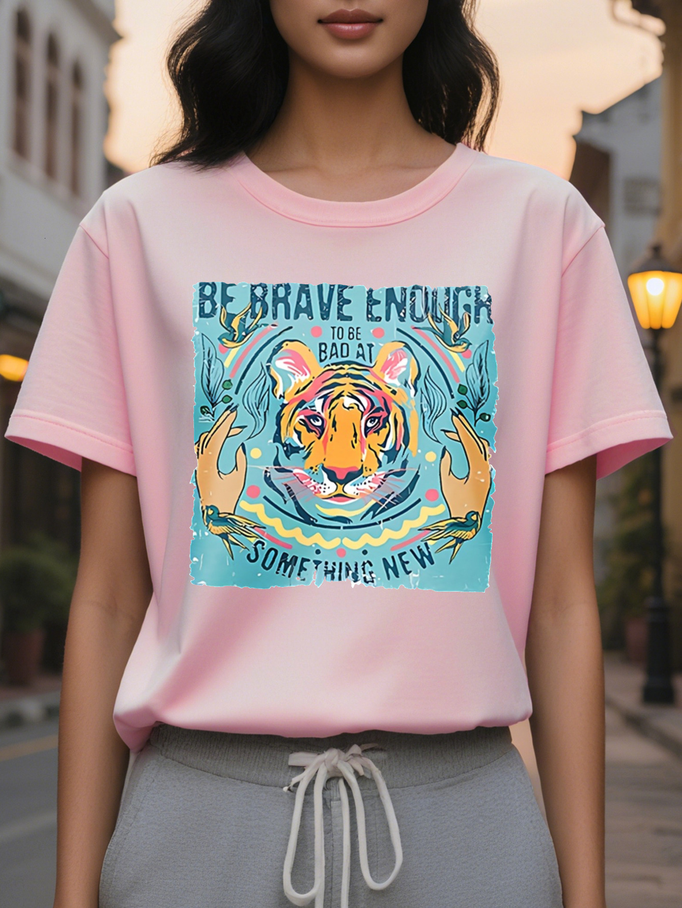 BE BRAVE ENOUGH American Printed Pattern Spring and Summer New Fashion Round Neck T-shirt Slim Fit Slimming Women's