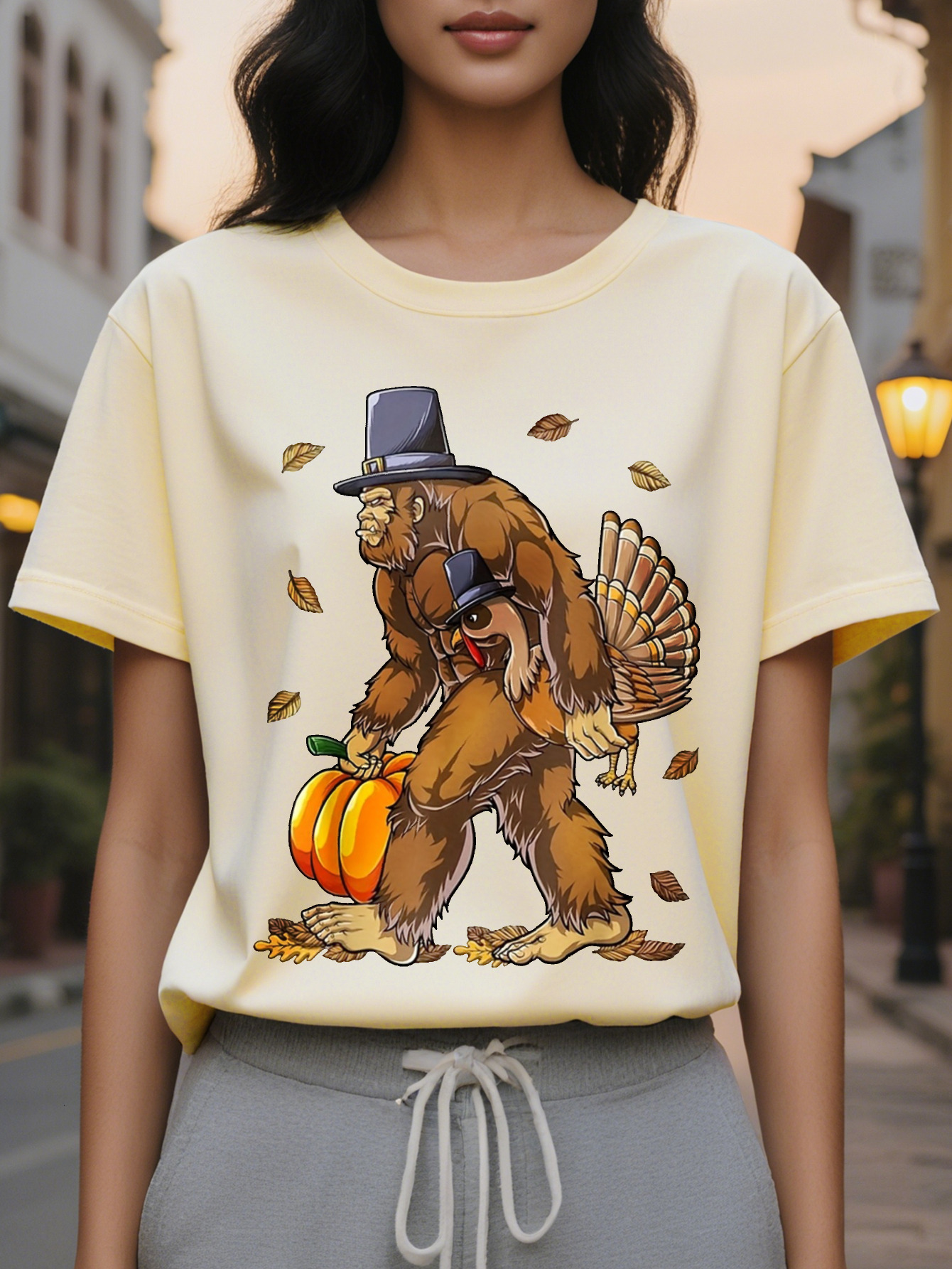 Large XL Women S T-Shirt Cute Pumpkin Bear Printed Hat Graphic Soft Beige Loose Fit Tee Everyday Party Outfit All Season Casual Plus Size