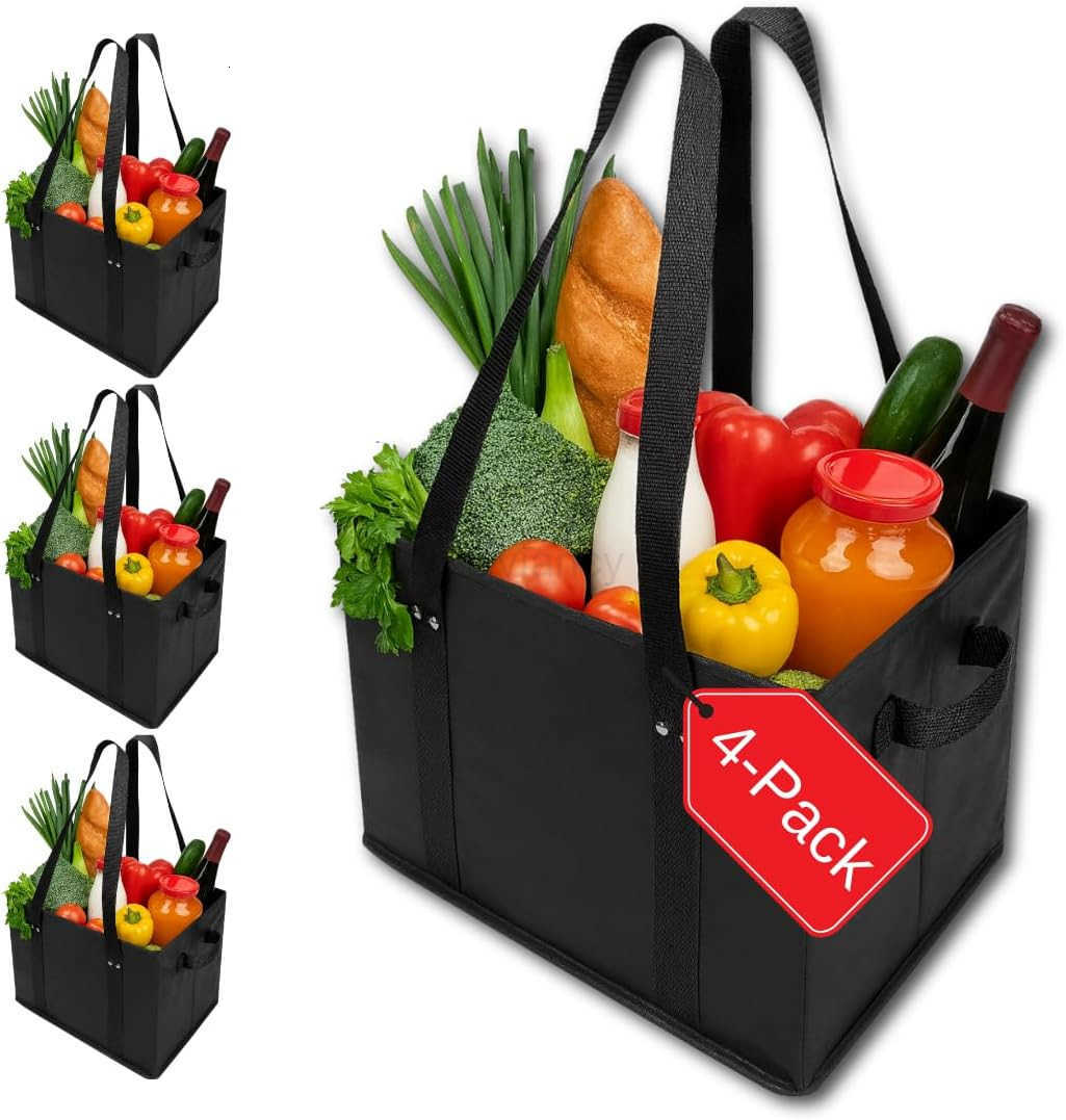 4pk Reusable Grocery Bags Shopping Bags Tote Box Large Heavy Duty Groceries Bag Handles Foldable Reinforced Bottom Navy BlueGrayW250904