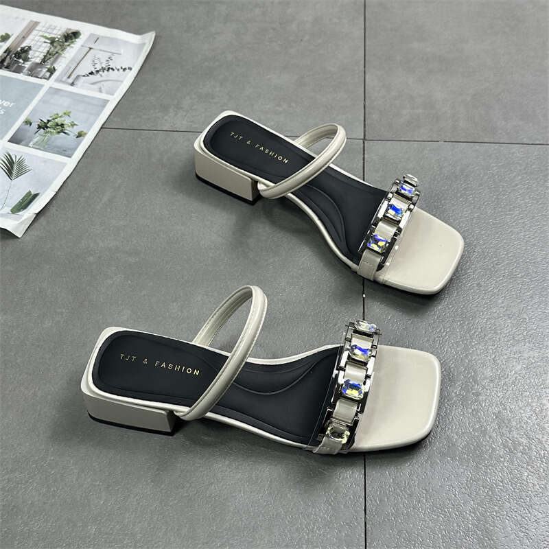 Women's Shoes 2025 Summer New Squ Open Toe Rhinestone Mid Designer Shoe Heel Celebrity Sandals Half One Word Slippers