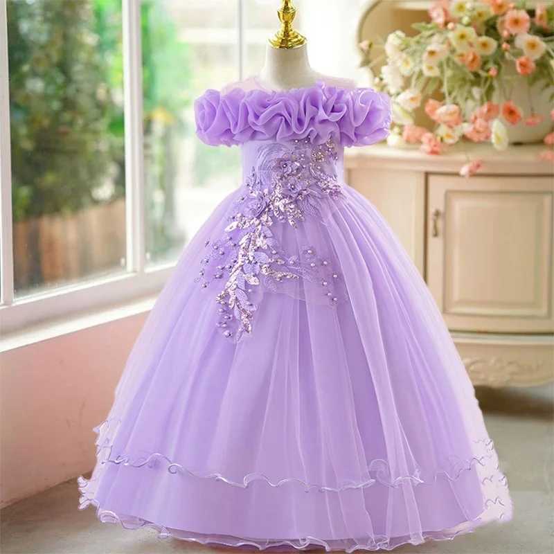 Floral Mesh Dress for Kids Girls White Formal Gown for Valentines Day ParTY Wedding Prom Ball Performance Elegant Fancy Z250904