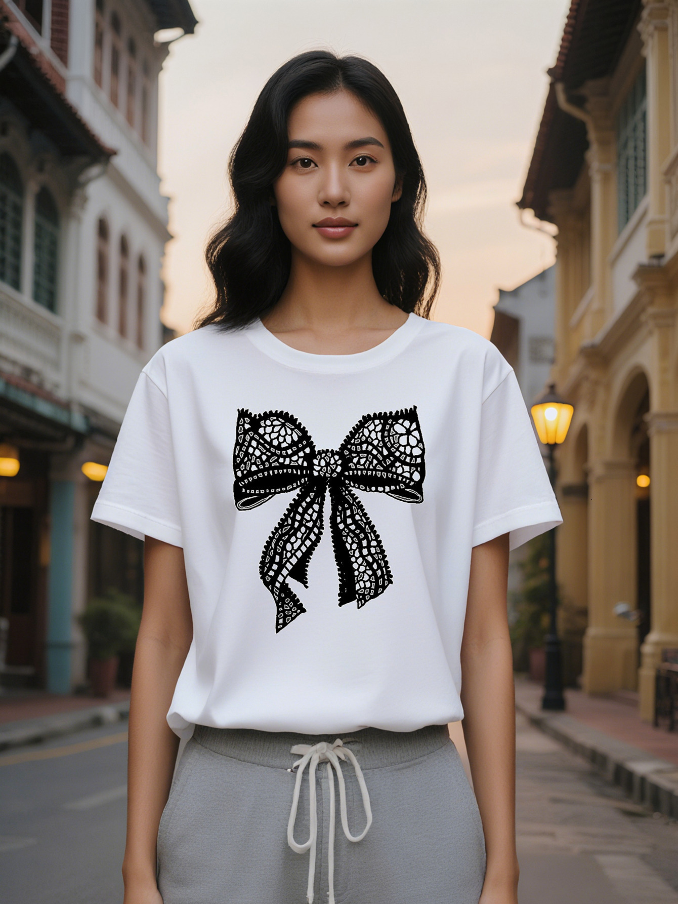 Large XL Women's Casual Crew Neck T-Shirt with Intricate Lace Print Black Soft Stretch Fabric Perfect Summer Ideal Gift for Plus Size