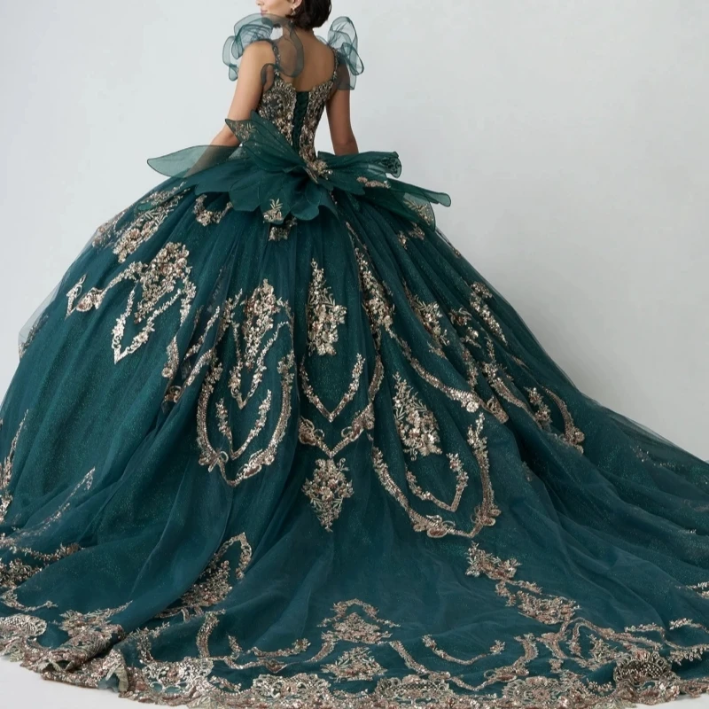 Blackish Green Shiny Quinceanera Dresses Ball Gown Off The Shoulder Applique Lace Bow Beading Crystal Party Tull Sweet 16 Dress Vestidos 15 De Anos