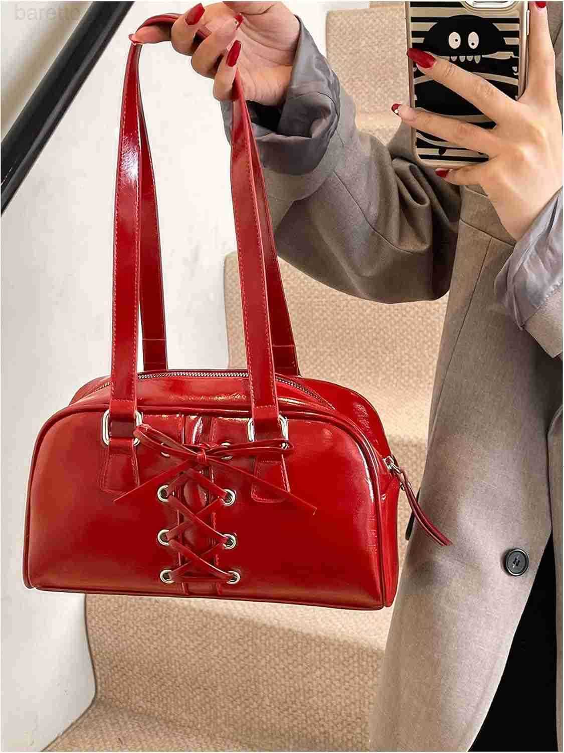 Womens Lace Up Zipper PU Leather Shoulder Bags Top Handle Boston Underarm Bags Y2K Purse M250904