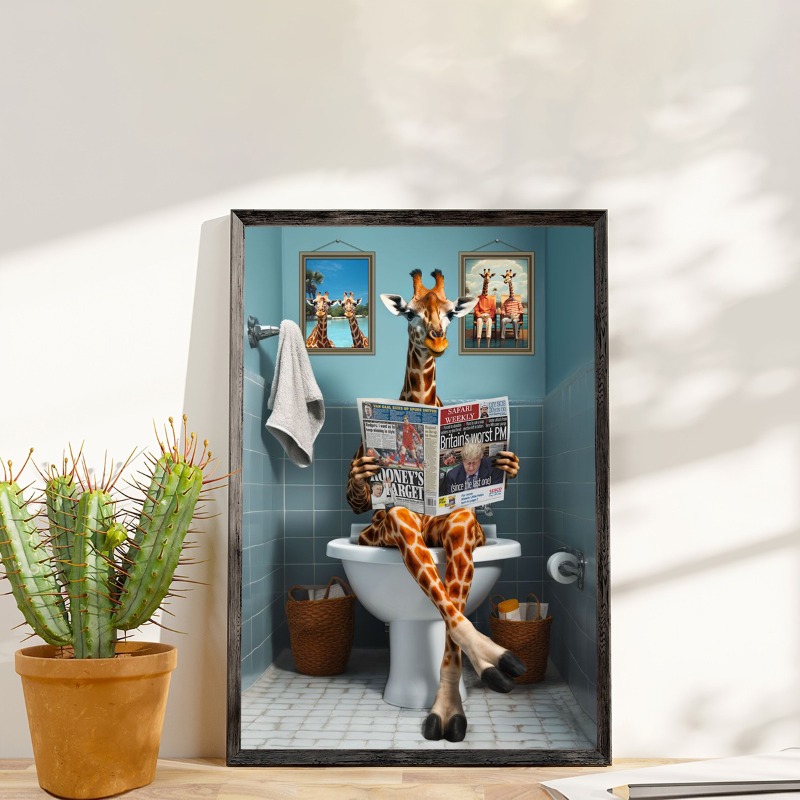 2025 Funny Giraffe Reading Newspaper in Toilet Canvas Poster - Frameless Home, Office and Cafe Decorative Wall Art