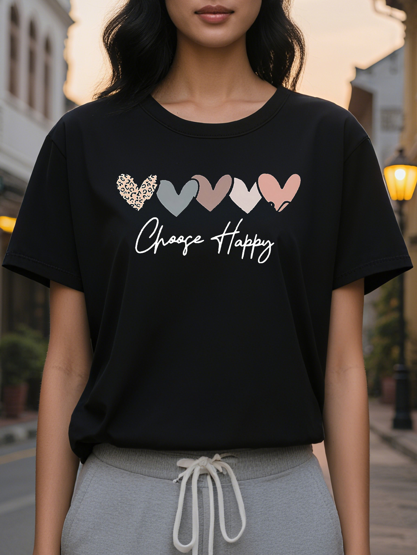 100% Linen Cotton Short Sleeve T-Shirt Black Crewneck Jacket Color Heart Letter Printing Breathable Spring and