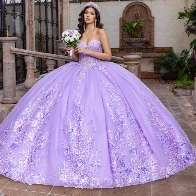 Lavender Shiny Quinceanera Dresses Ball Gown Off The Shoulder Applique Lace Beads Tull Party Sweet 16 Dress Vestidos 15 De Anos