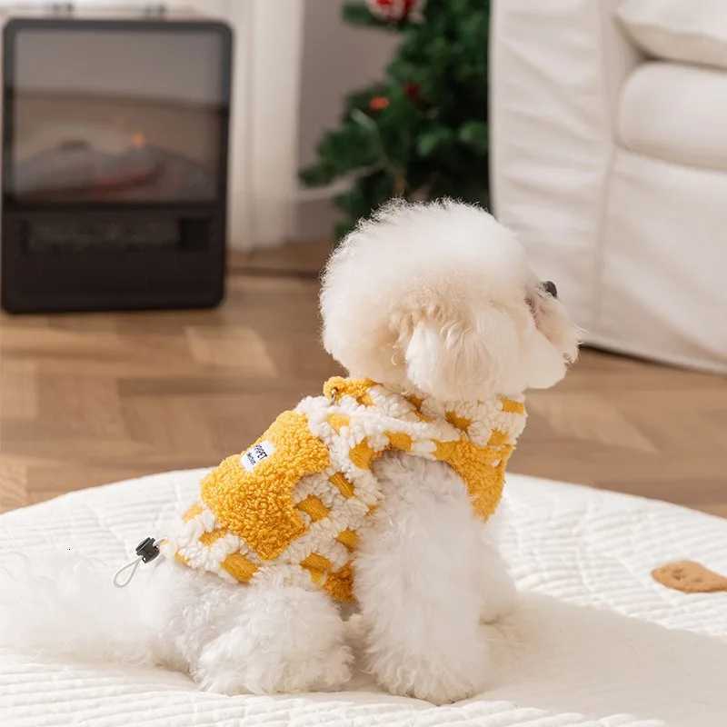 Yellow Checkered Teddy Vest Winter Dog Clothes Lambswool Pet Coat Warm Clothing for Small and Mediumsized Dogs with Open Button W250904