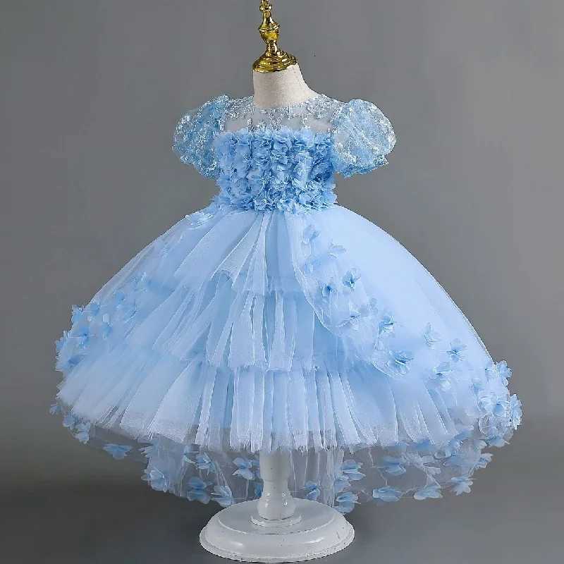 New Birthday Party Ball Girl Princess Dress Lace Petals Wedding Dress Princess Dress Girl Tail Childrens Elegant Evening Dress Z250904