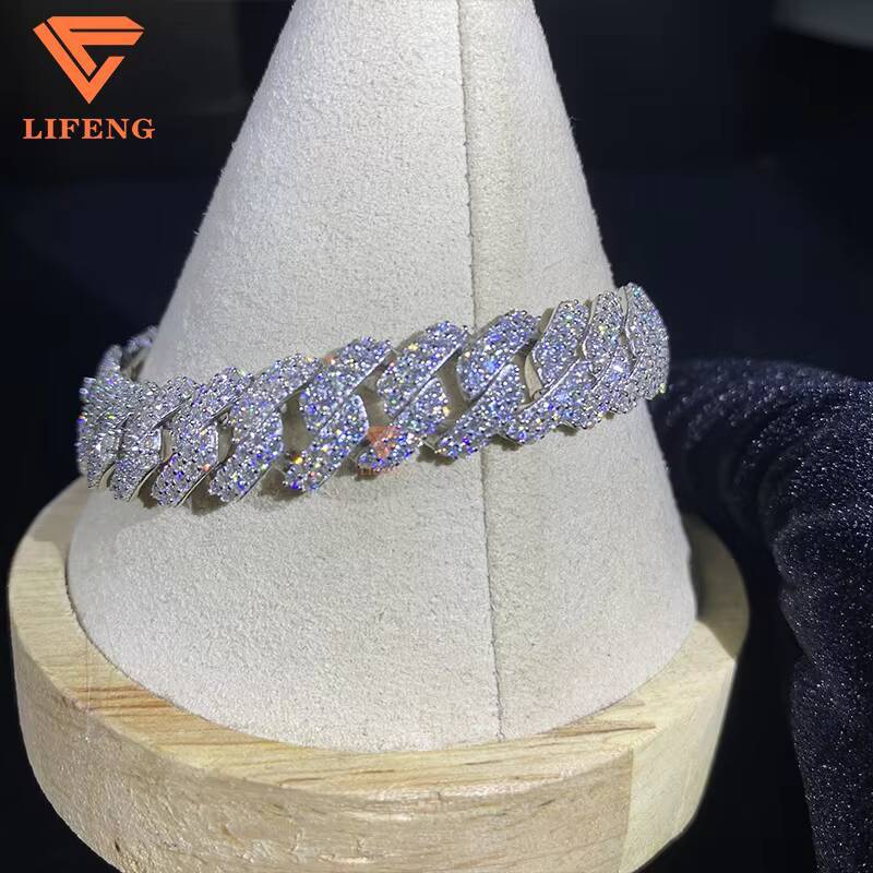 12mm Cuban Link Chain 2row Moissanite Bracelet Diamond 925 Sterling Silver Men VVS D Moissanite Hiphop Cuban Bracelet