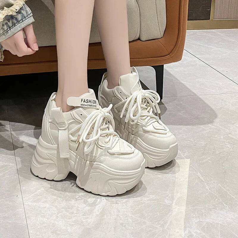 Women Walking Sneakers Autumn Lace-up High Platform Chunky Breathable Leather 10CM Winter Wedge Heels Casual Shoes ddmysaturn