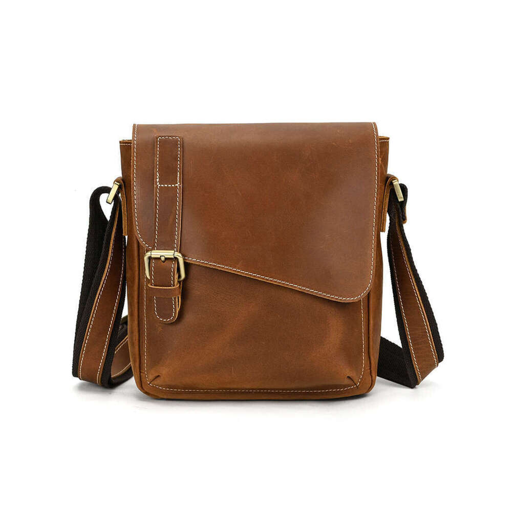 Men's Vintage Genuine Leather iPad Messenger Bag Thick Cow Leather Shoulder Bag Small Casual Crossbody Bag Cowhide Briefcase