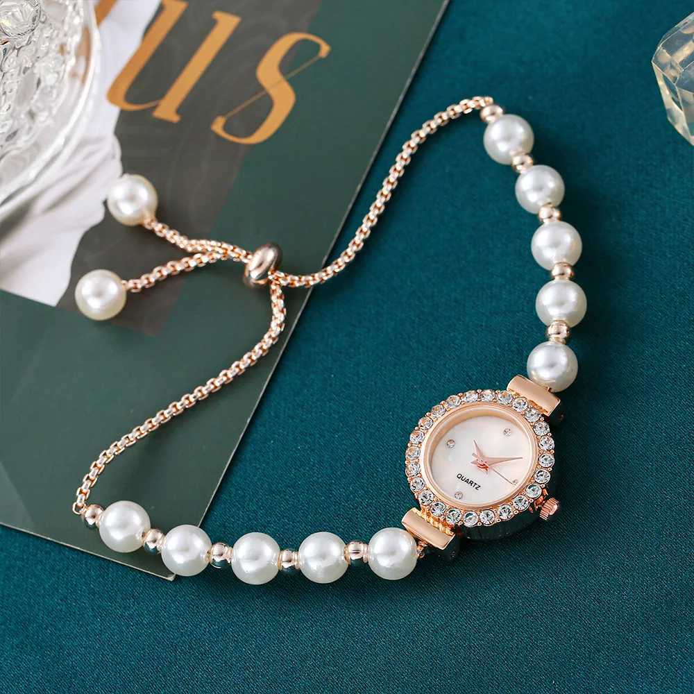 Ladies white bead bracelet cpact and exquisite with diamond inlaid case simple rhinestone dial fashionable quartz watch X250904