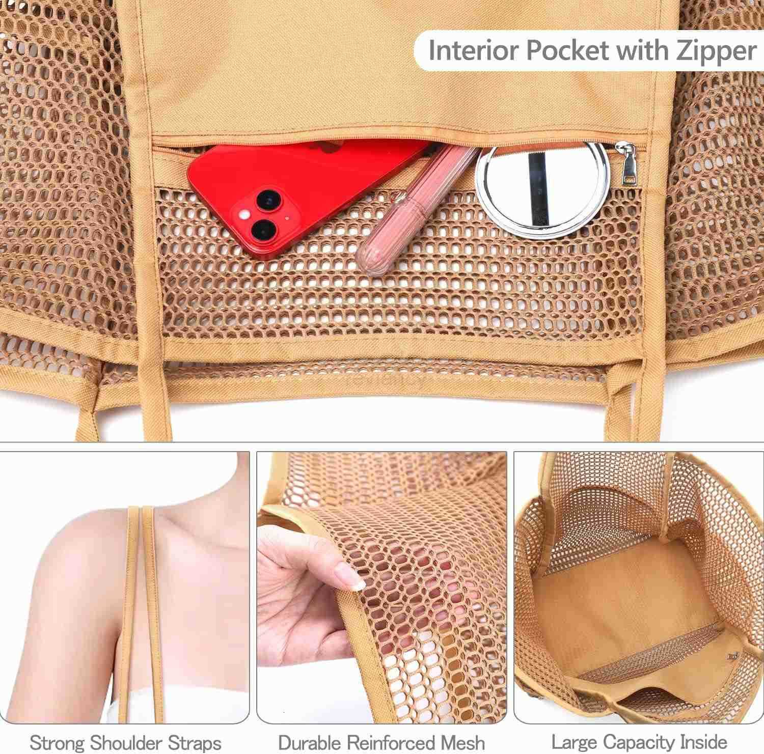 Mesh Beach Bag Tote Bag for Women Foldable Swim Large Beach Tote Bag with Zipper Pockets Waterproof SandproofW250904