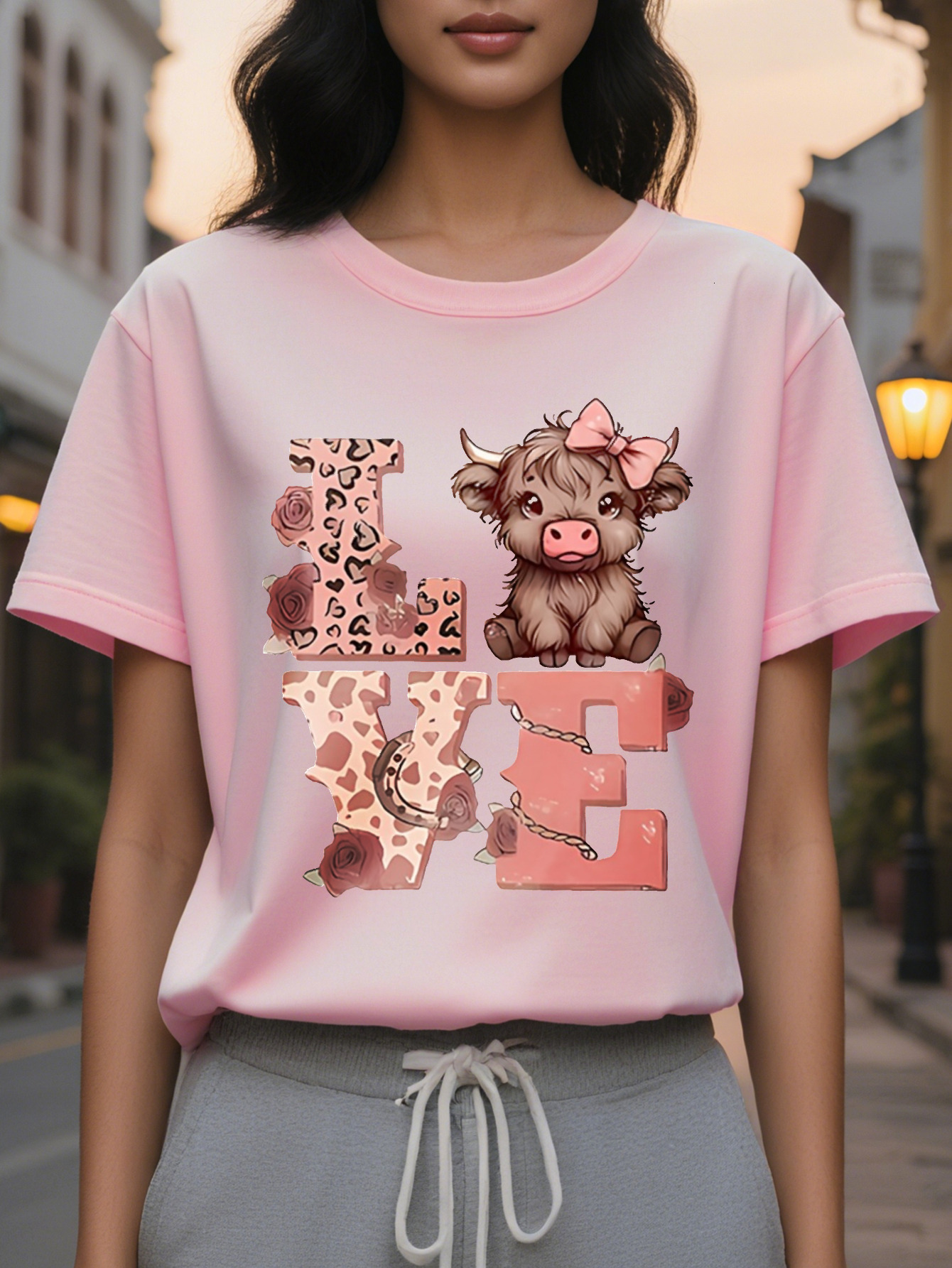 Women's Slim LOVE Pattern T-Shirt Black with Pink Cow Print Translucent Crew Neck Short Sleeve Spring and Wear