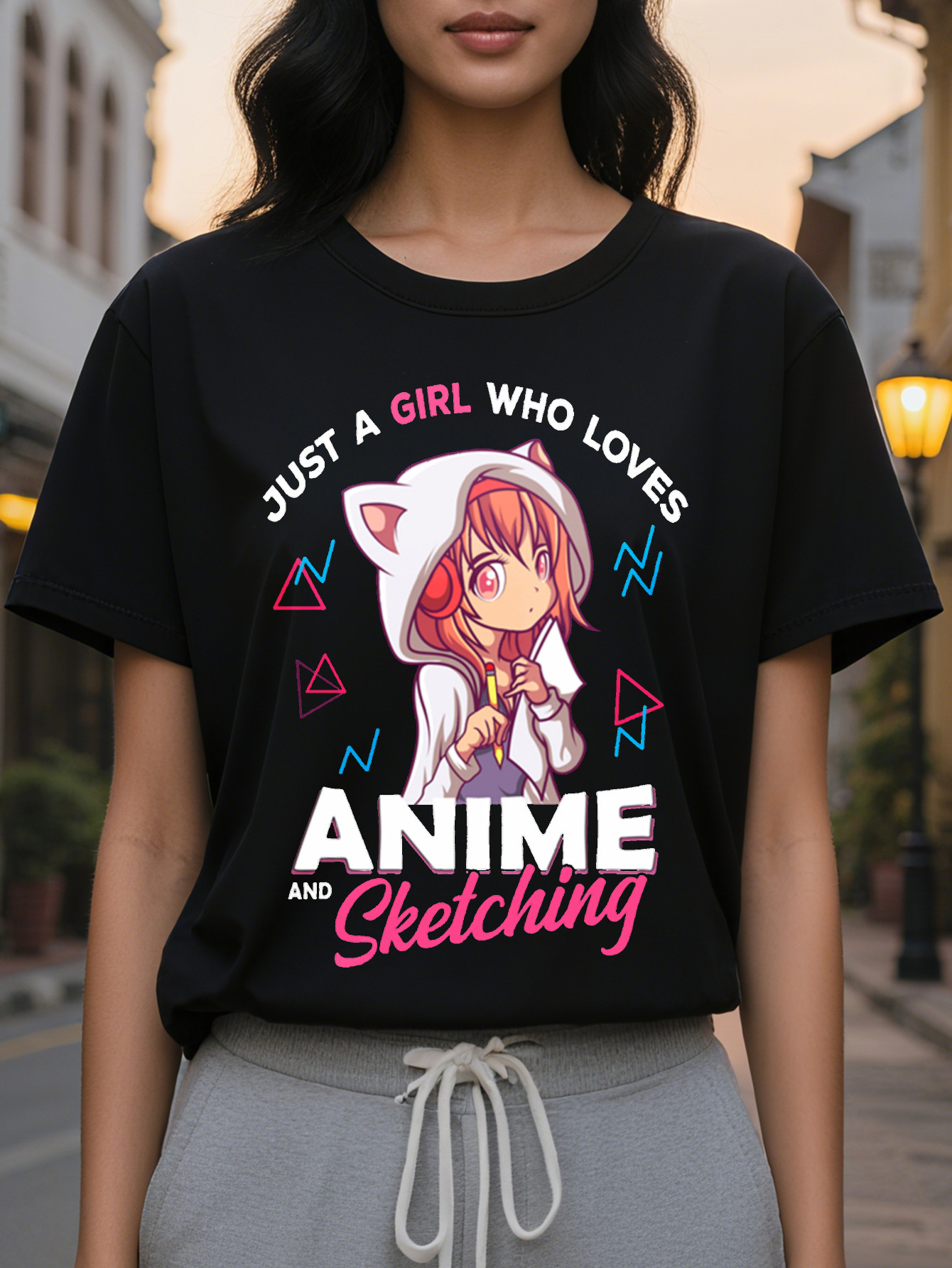 Large XL Short Sleeve Anime Print Crew Neck T-Shirt for Women Casual Spring Summer Clothing Plus Size