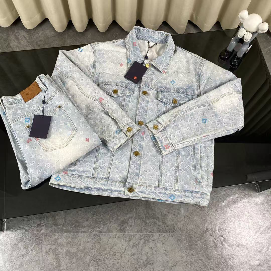 mens set 2pcs Designer denim spring Autumn Winter New Women's Men's High Quality Letter Jacquard Denim Jacket and Jeans Set Asian Size S-XL