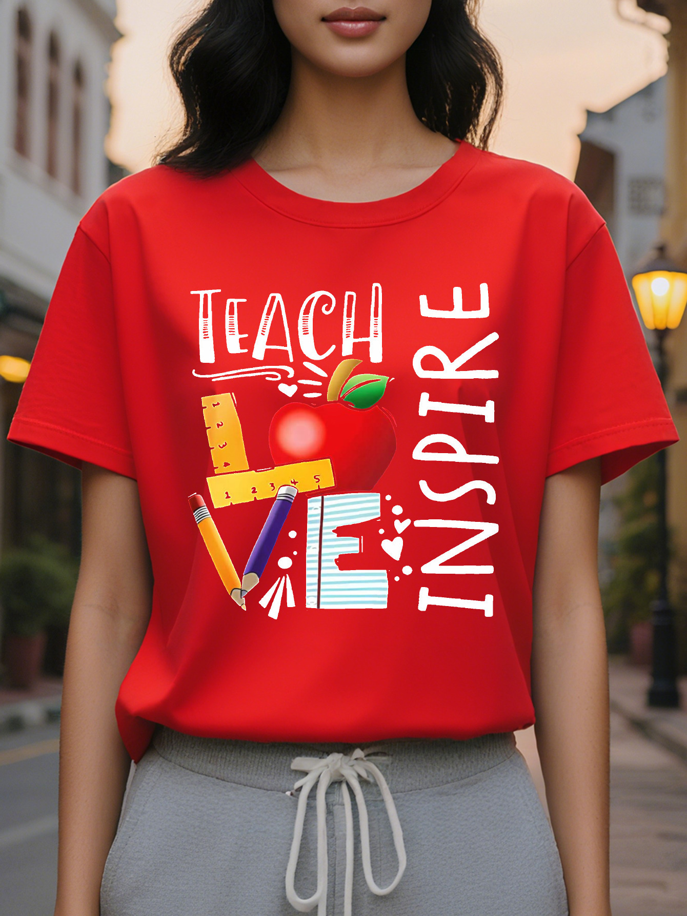 Teacher Letter Printed Short Sleeve T-Shirt Round Neck Casual Top Summer and Spring Women's Clothing