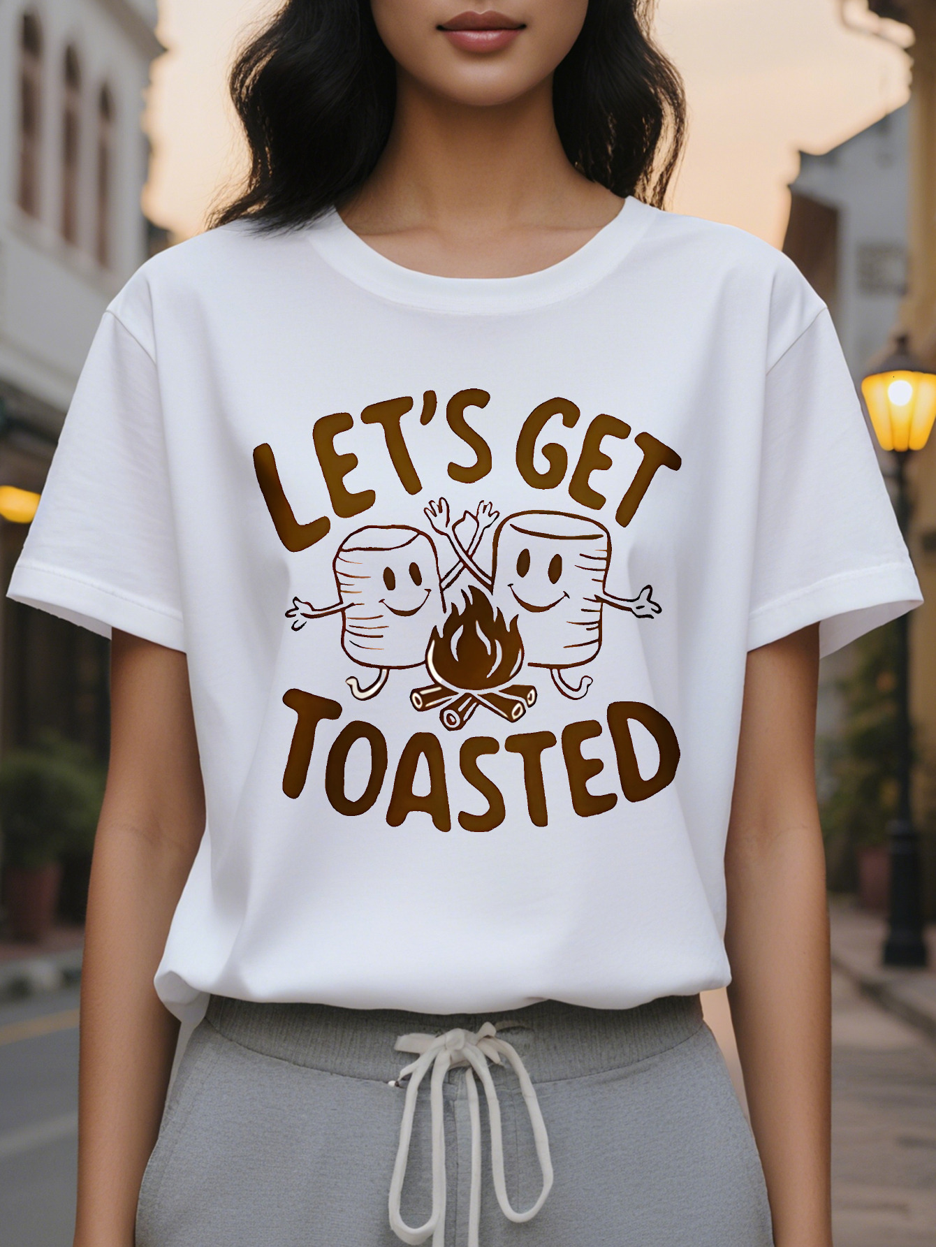 Ladies Let's Get Toasted Pattern Short Sleeve T-Shirt Nifty Toast Flame Design Round Neck Breathable Summer And