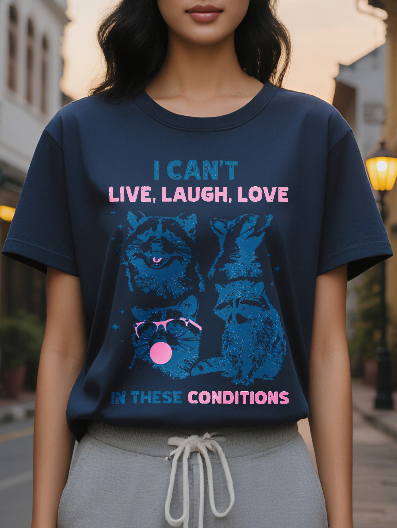 Large XL Funny Cotton Rayon Spandex Blend I Can't Live Laugh Love in These Conditions Print Casual Short Sleeve T-shirt Crew Plus Size