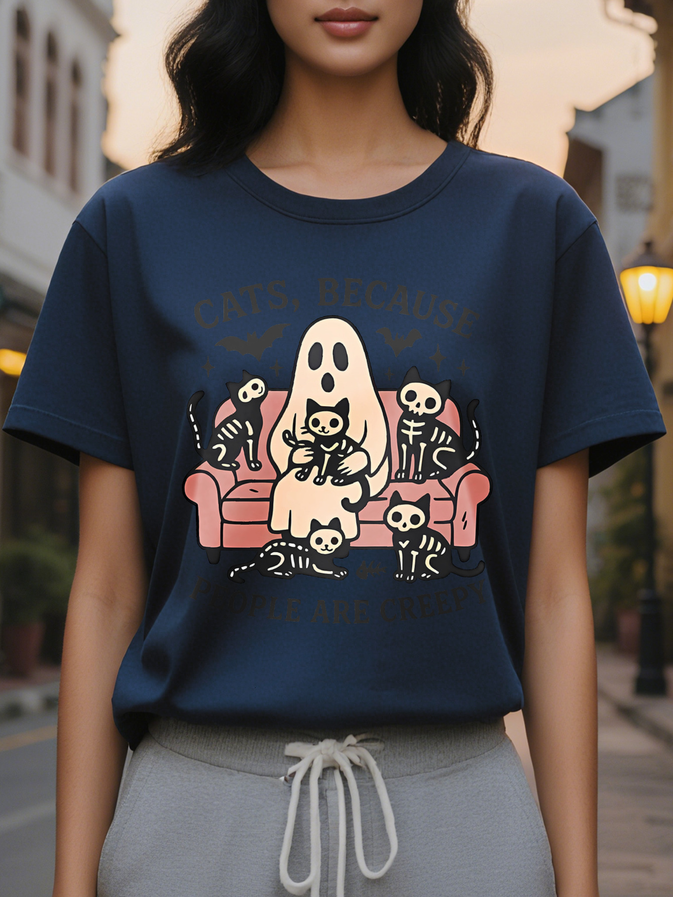 Ladies Funny Cats Because Humans are Too Weird Halloween Thanksgiving T-shirt Red Short Sleeve Casual Top Ghost