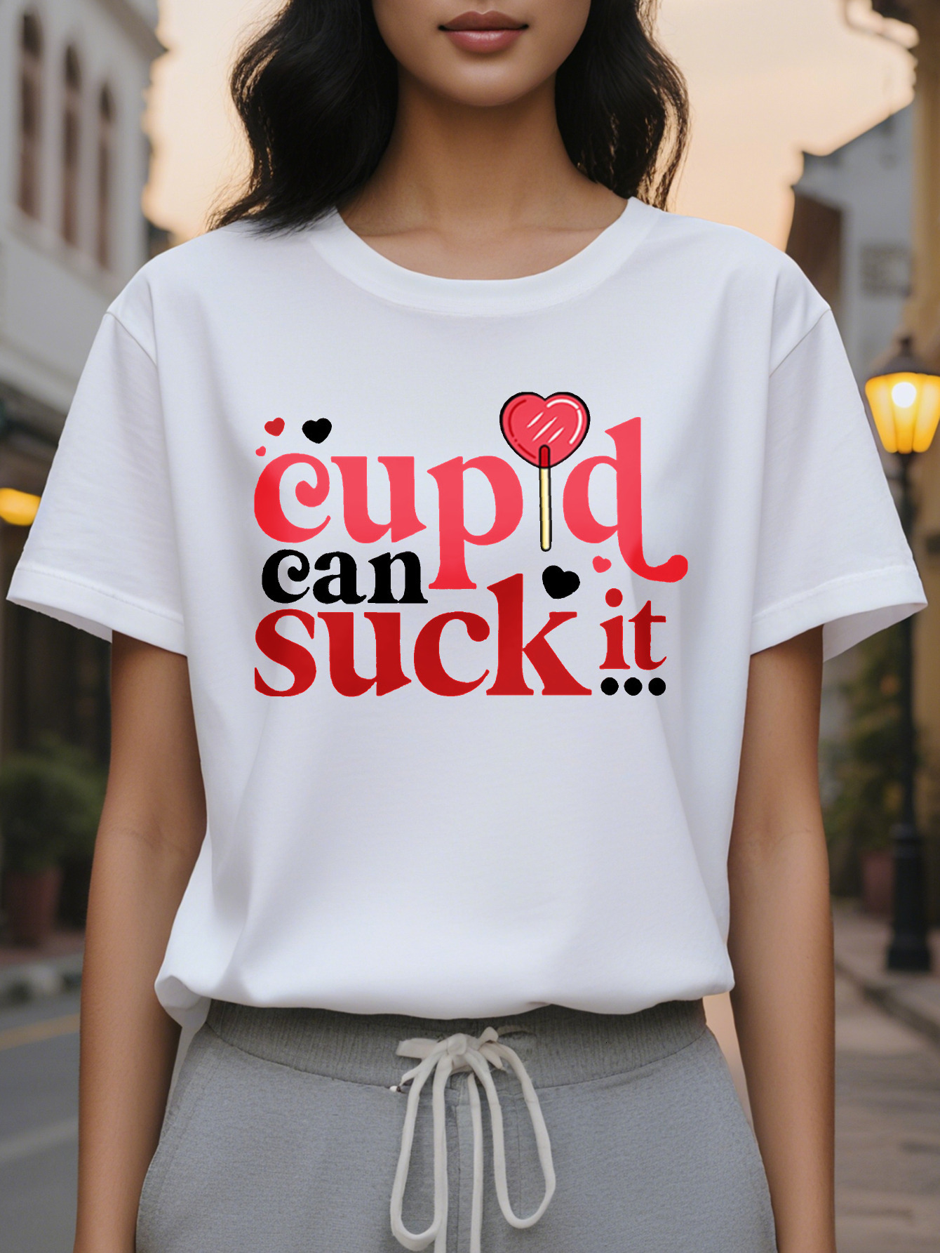 Ladies casual round neck T-shirt printed Cupid can suck it cotton knit fabric regular length spring and