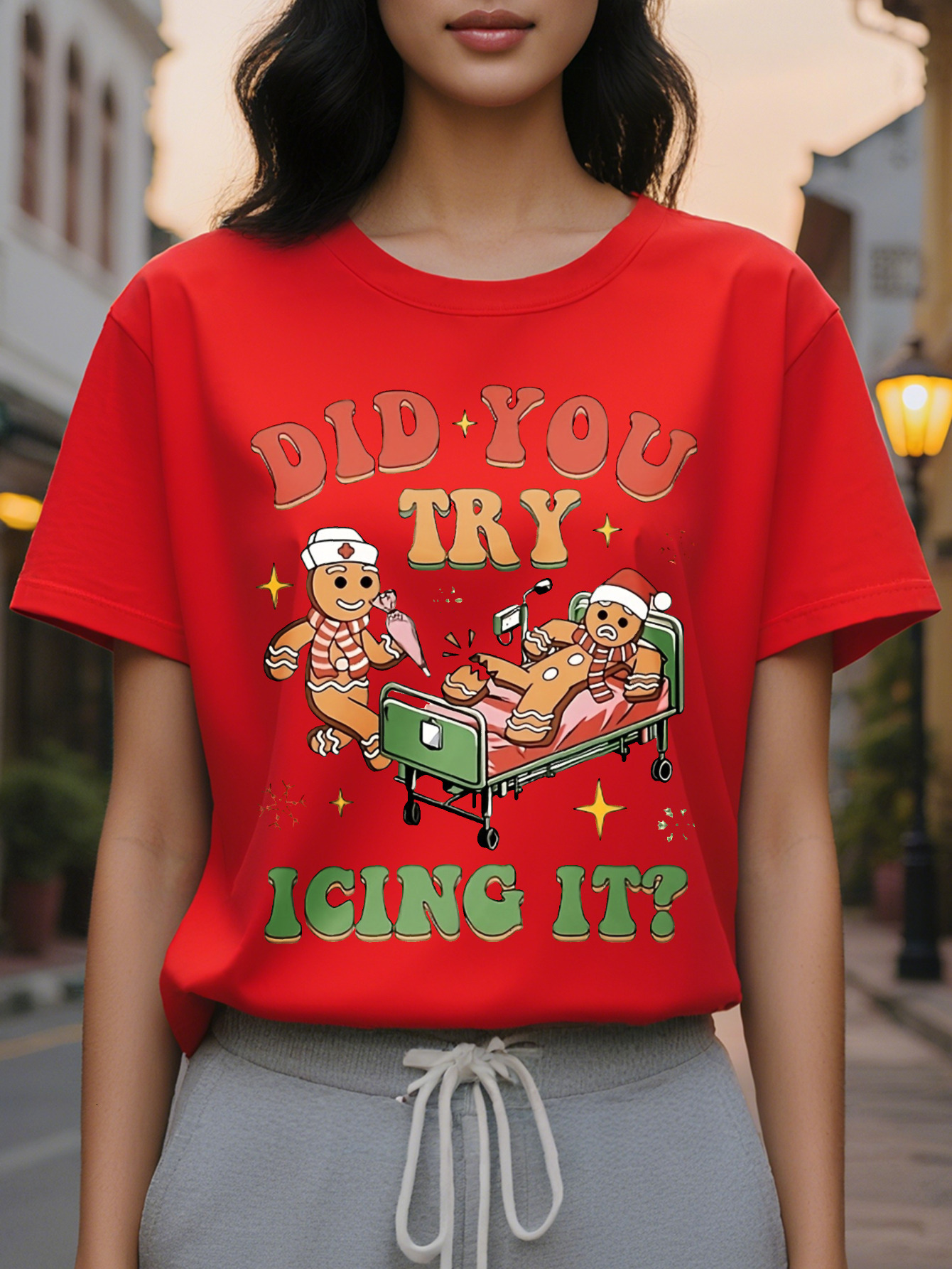 Women S Cozy Crew Neck Sweatshirt with Festive Gingerbread Santa Graphic Soft Cotton Holiday Themed Design