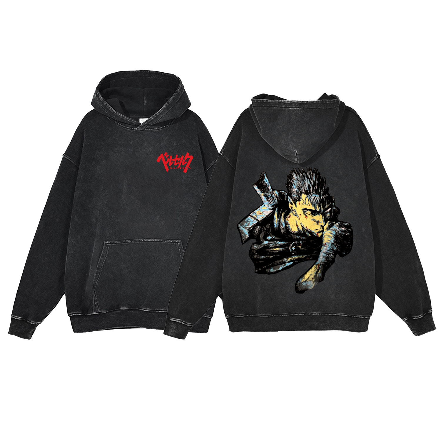 440g Heavyweight Washed Vintage Berserk Anime Street Retro Cotton Hoodie Streetwear Hooded Sweatshirt - TT8304