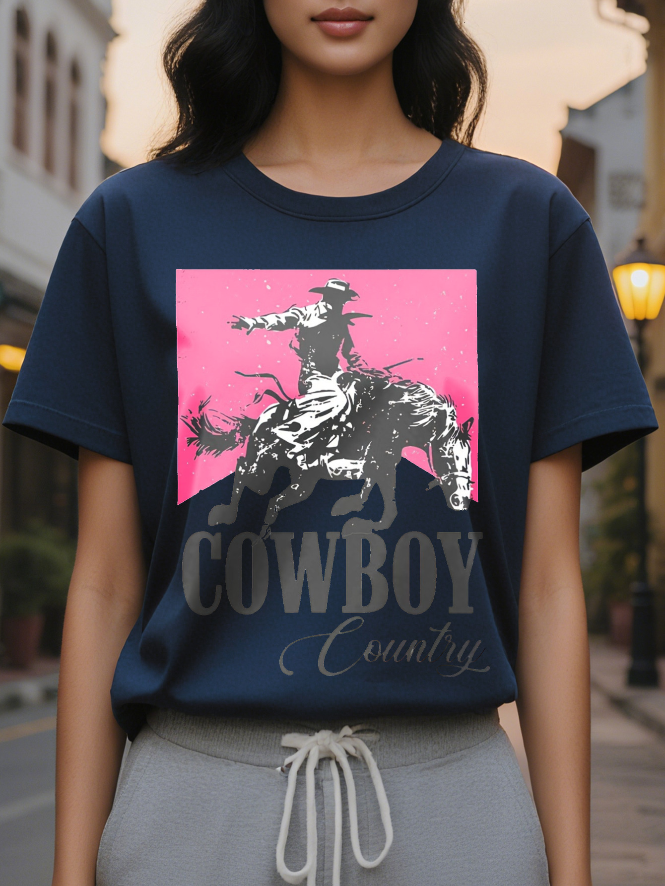 Large XL Vibrant Cowboy Letter Print Crew Neck T-Shirt Soft Breathable Short Sleeve Top Spring Summer Women's Casual Plus Size