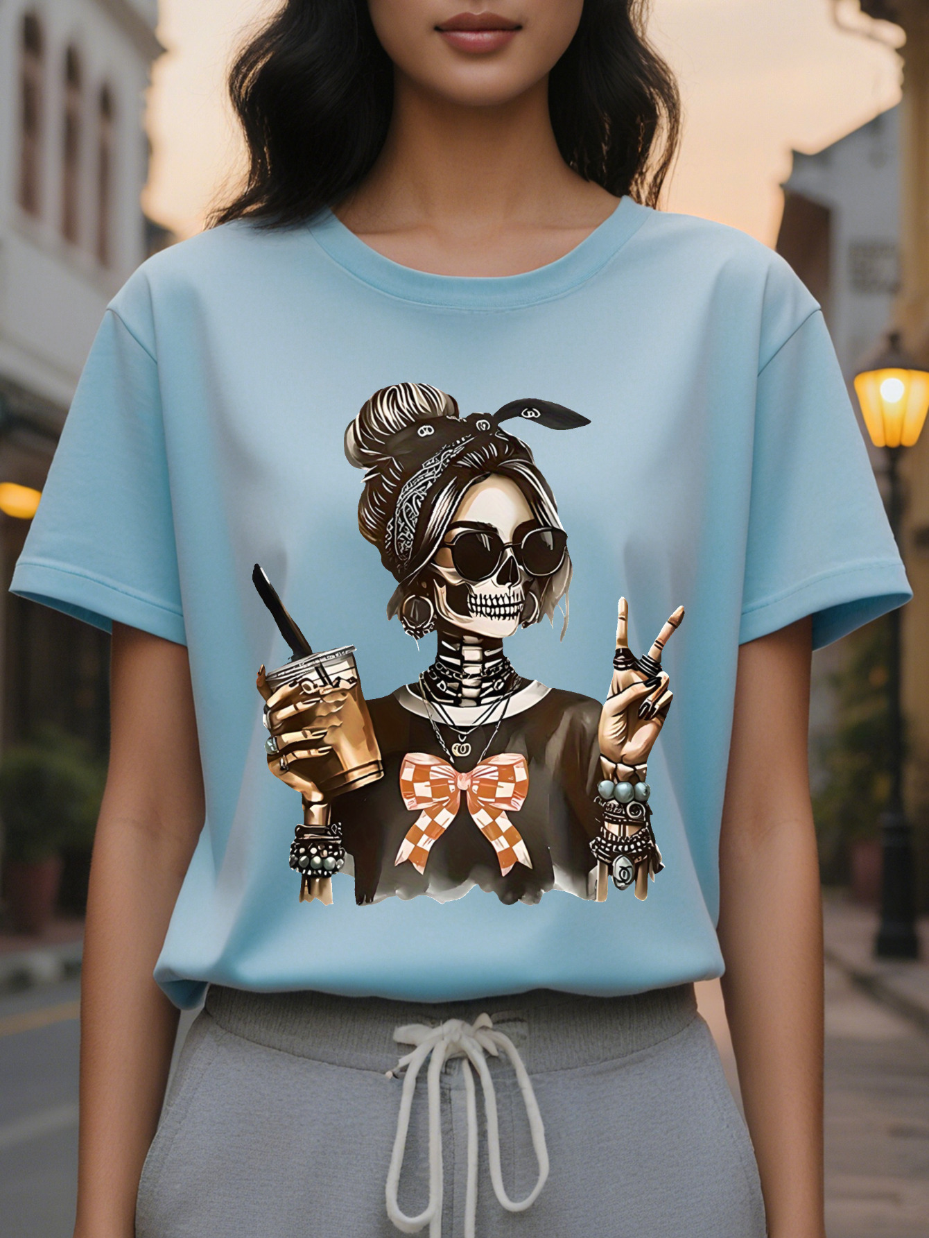 Large Ladies Casual T-Shirt Fashion Skull Design Black Round Neck Short Sleeves Slightly Stretch Fabric Comfortable