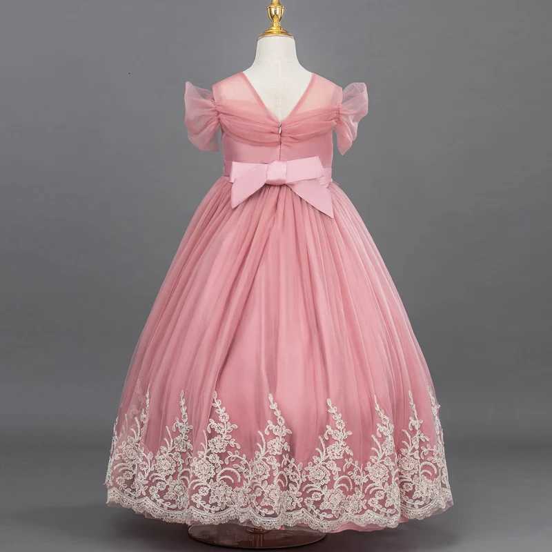 A96 Childrens Dress Girls Princess Sequin Bubble Sleeve Long Mesh Flower Girl Wedding Gown Z250904