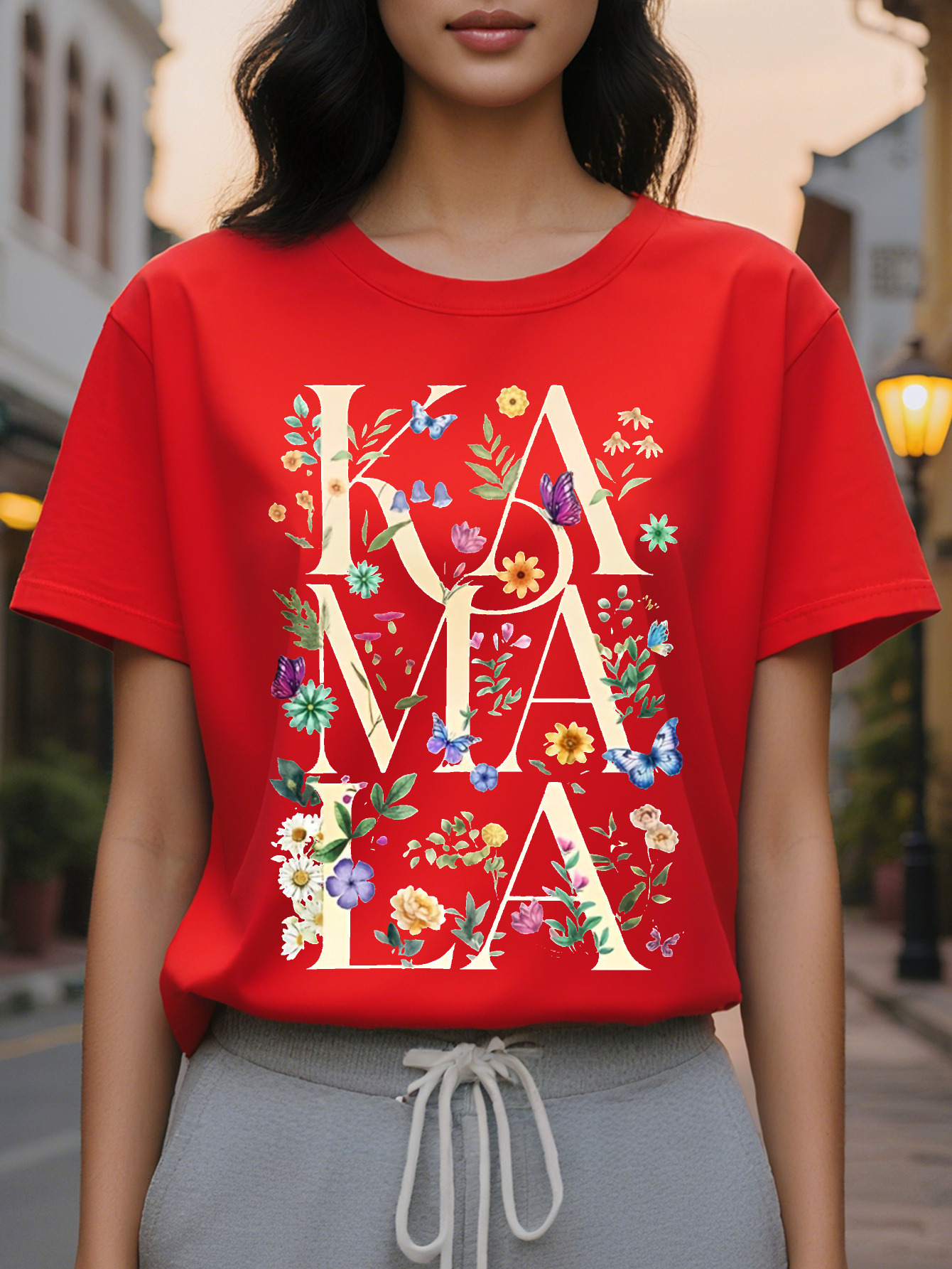 Women S KIMA Print T-Shirt Short Sleeve Crew Neck Cotton Gray with Colorful Flower Design Perfect for Spring