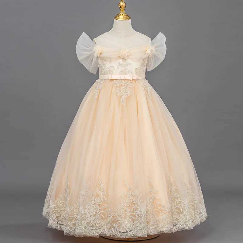 A96 Childrens Dress Girls Princess Sequin Bubble Sleeve Long Mesh Flower Girl Wedding Gown Z250904