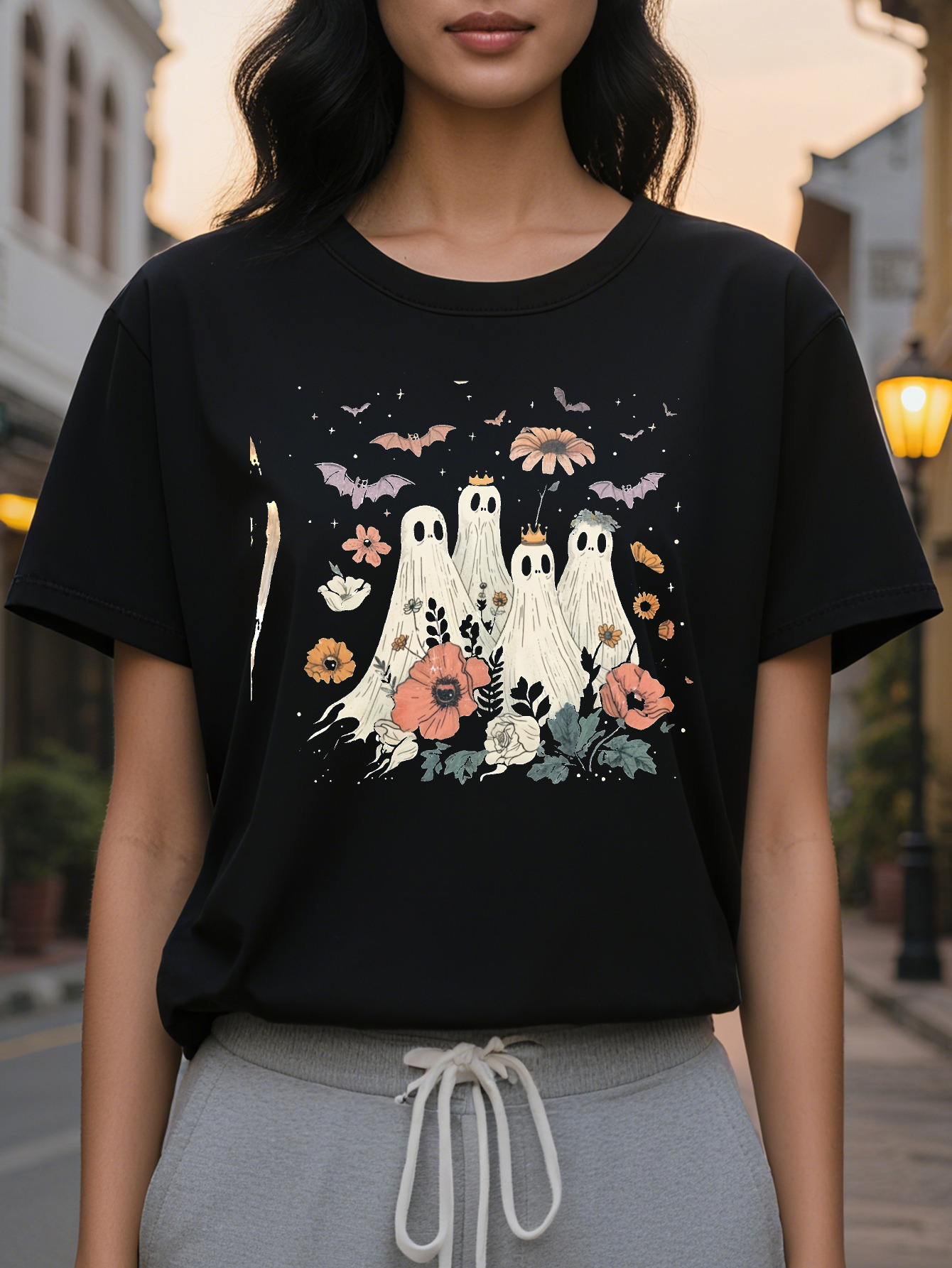 million Holy Festival Women's Casual T-shirt Crown Ghost Flower Bat Pattern soft and breathable round neck