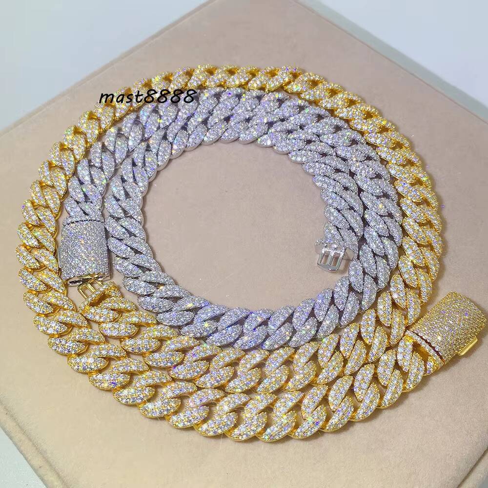 12mm Double Row Full Set of Moissanite 925 Silver Necklace Cuban Chain Hip Hop Style for Parties