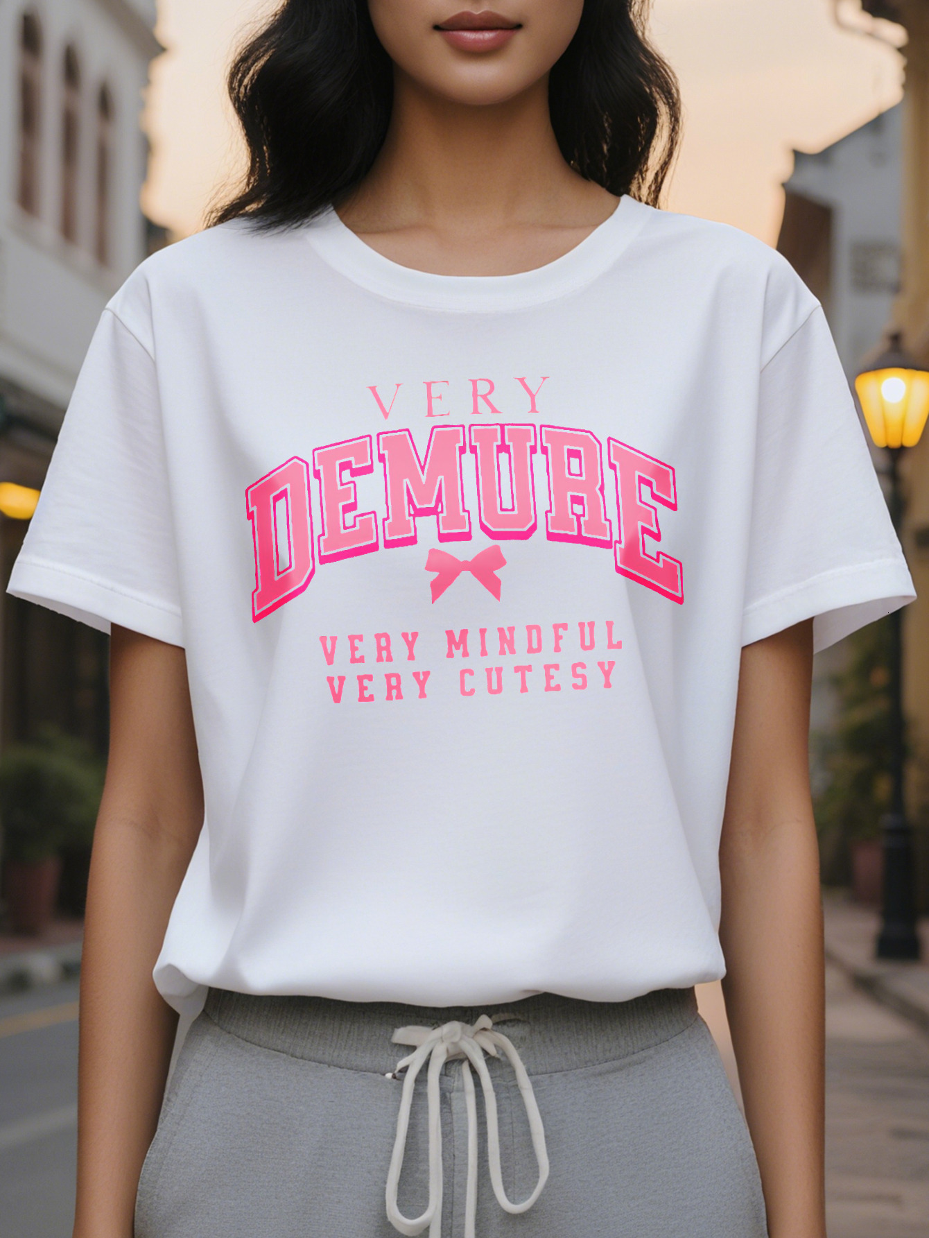 Women S Casual Short Sleeve T-Shirt Demure Very Mindful Bow Print White with Pink Lettering Round Neck Lightweight