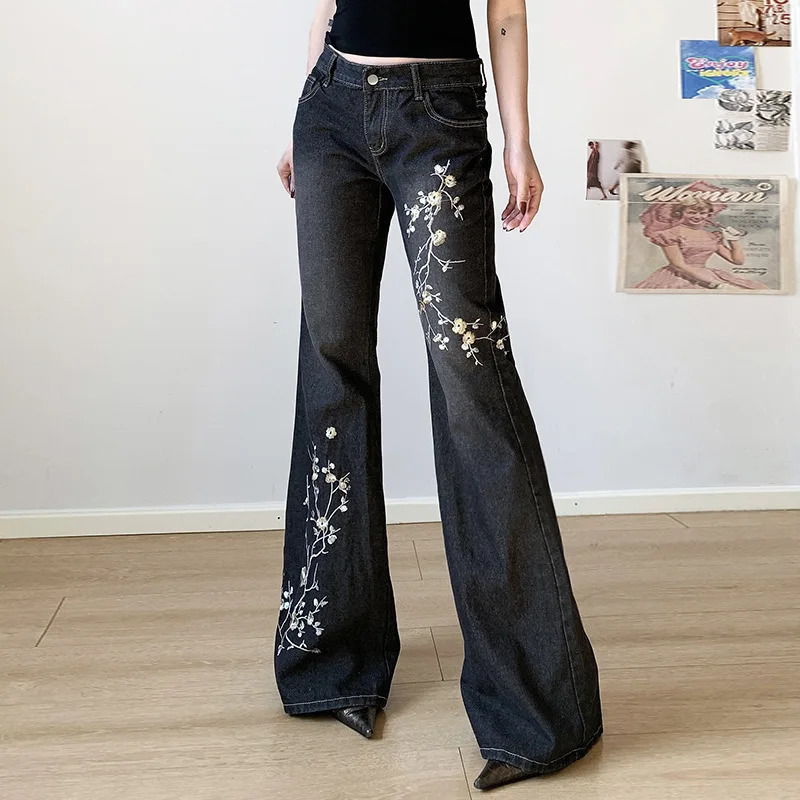 Floral y Jeans Vintage 2000s Low Rise Flared Women Retro y2k Baggy Denim Pants High Street Basic Trousers Z260313