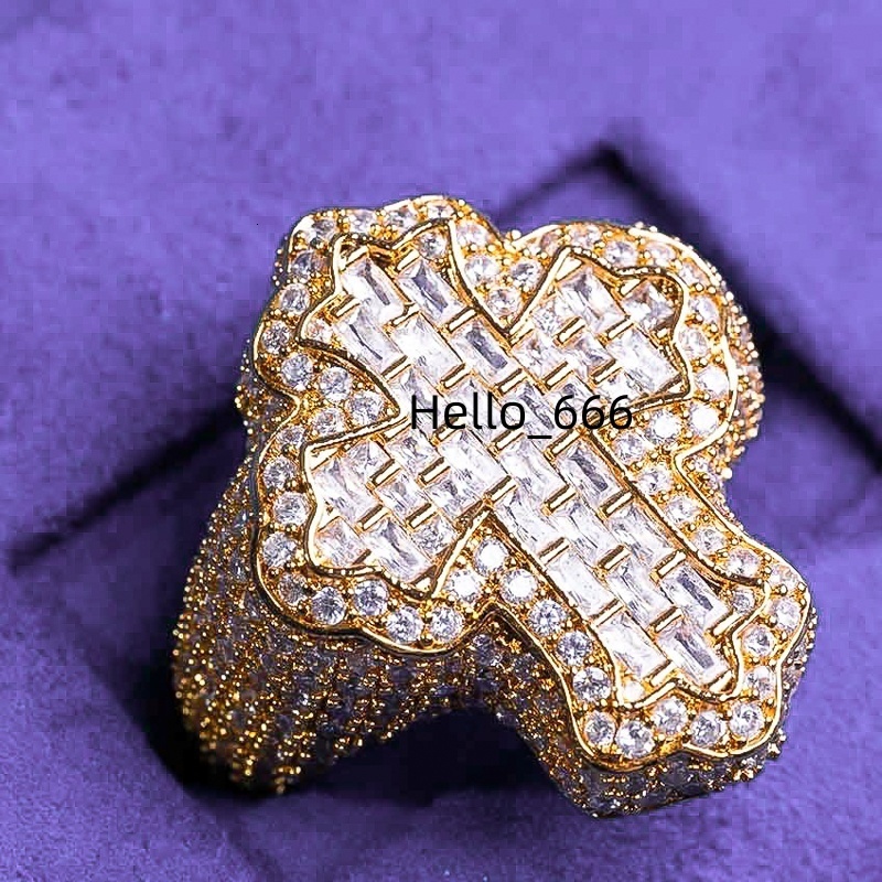 GRA Hip Hop Iced Out Bling 925 Sterling Silver Pass Diamond Tester VVS Moissanite Fleur Baguette Cross Ring for Men