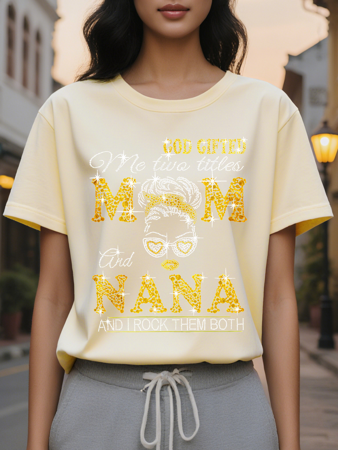 MM NANA MAM Women's Mom Graphic T-Shirt Glitter Text Fashion Glasses Design Casual Short Sleeve Crew Neck Top