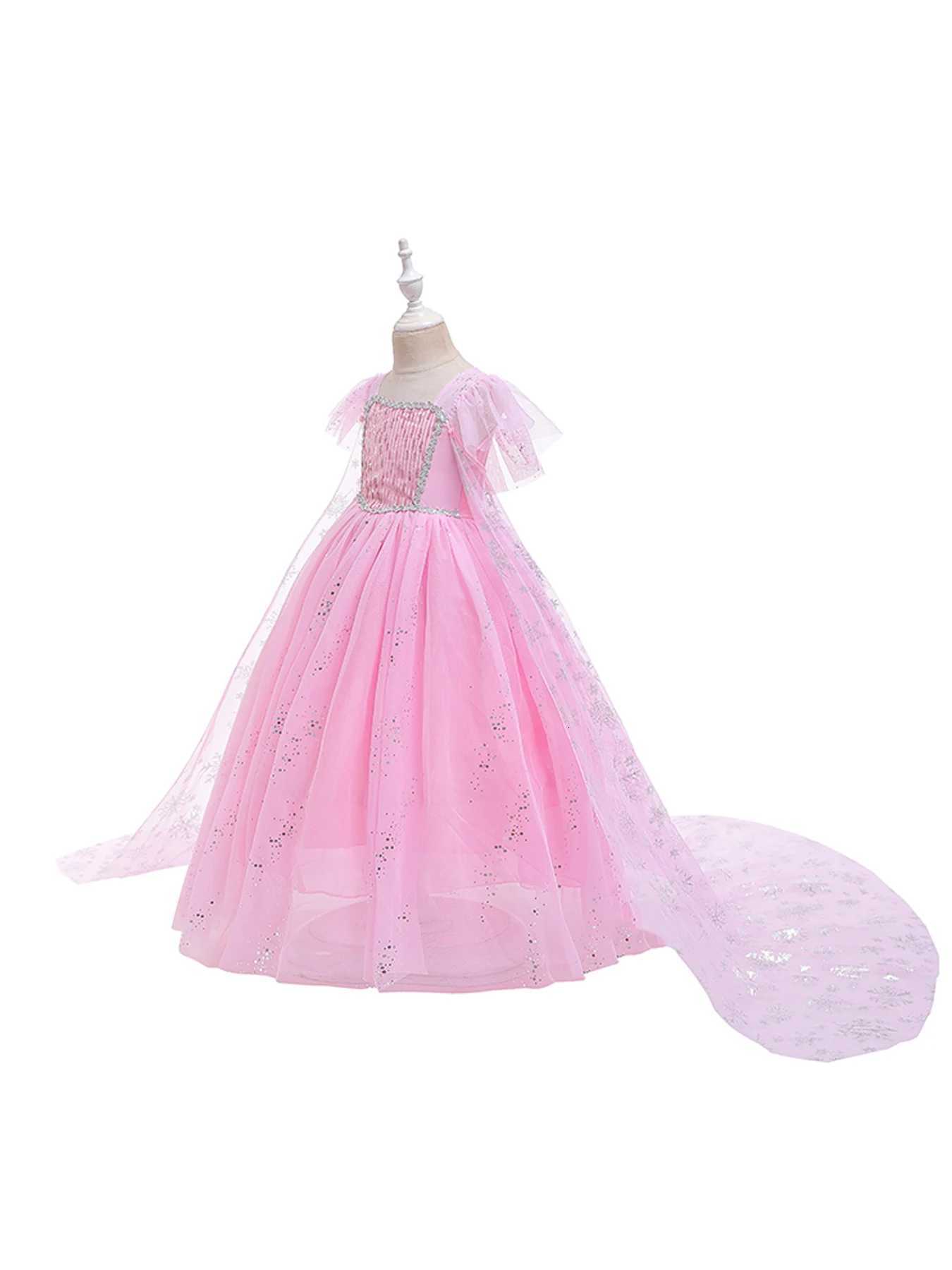 Girls Pink Sequined Mesh Princess Dress Mesh Short Sleeves with Cape Suitable for ParTY Performance Carnival Dress Z250904
