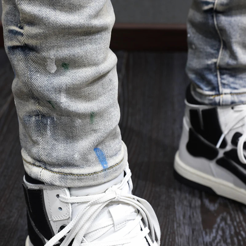 Y2KStreet fashion mens light blue jeans paint washed nostalgic perforated patch hiphop pants hombre 250823Z