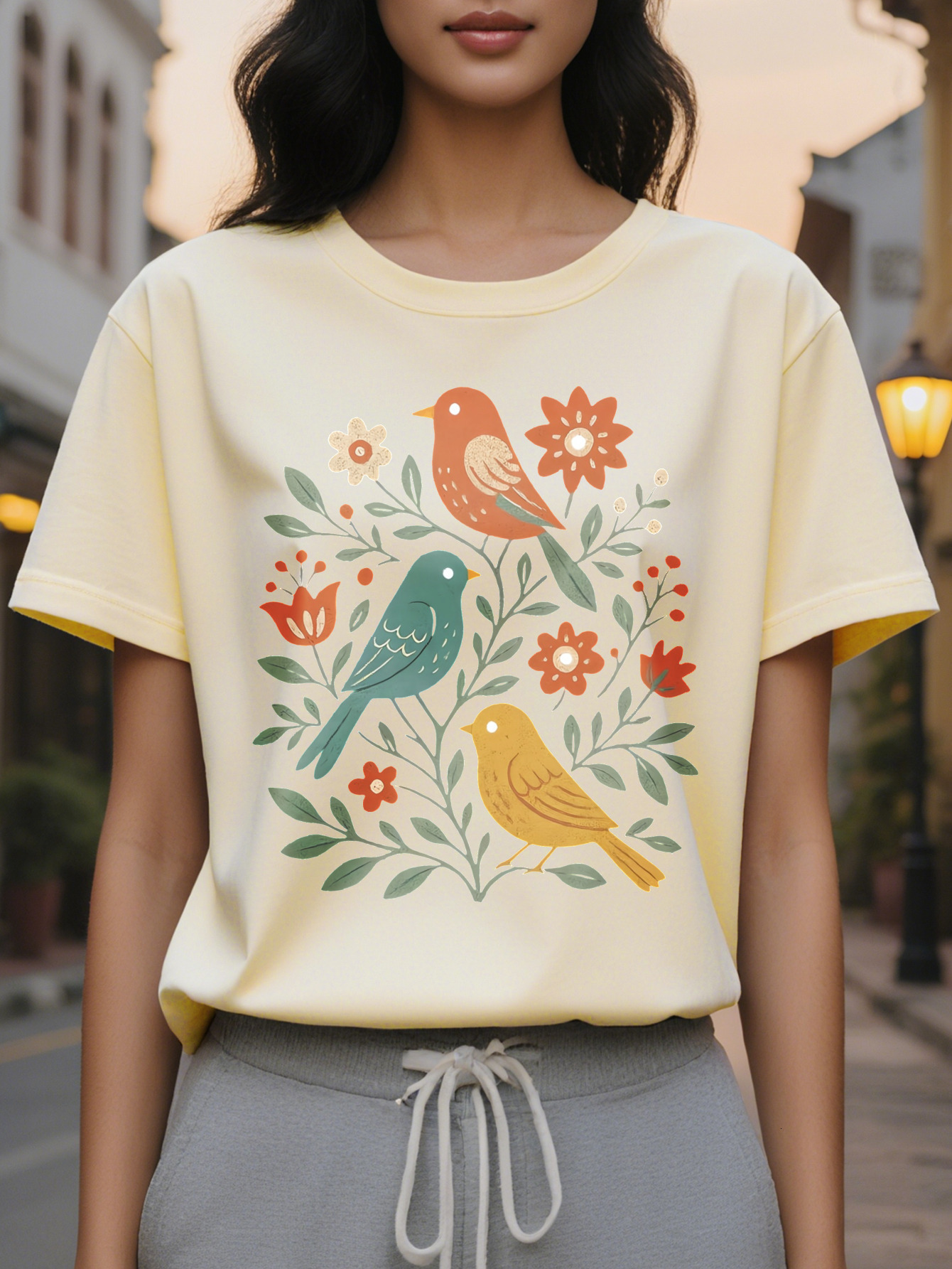 Large XL Women's Floral Bird Print T-Shirt Dark Gray with Orange Flowers Soft Stretchy Fabric Everyday Casual Formal Outfits Plus Size