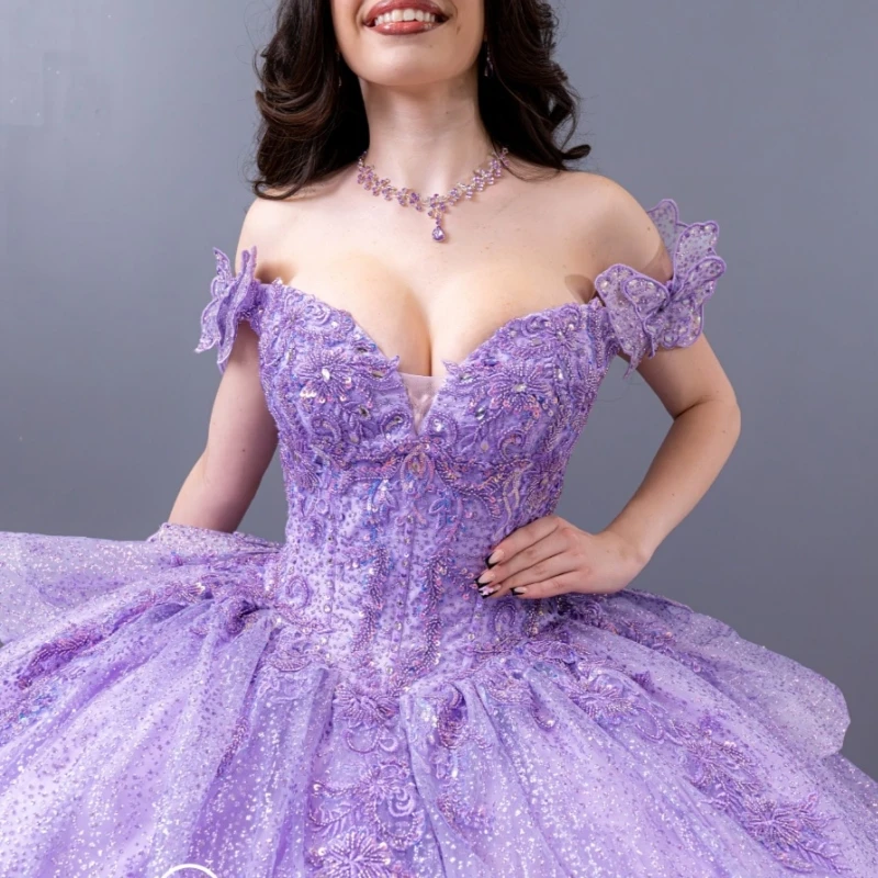 Lilac Shiny Quinceanera Dresses Ball Gown Off The Shoulder Applique Lace Beads Bow Sweet 16 Dress Vestidos 15 Anos