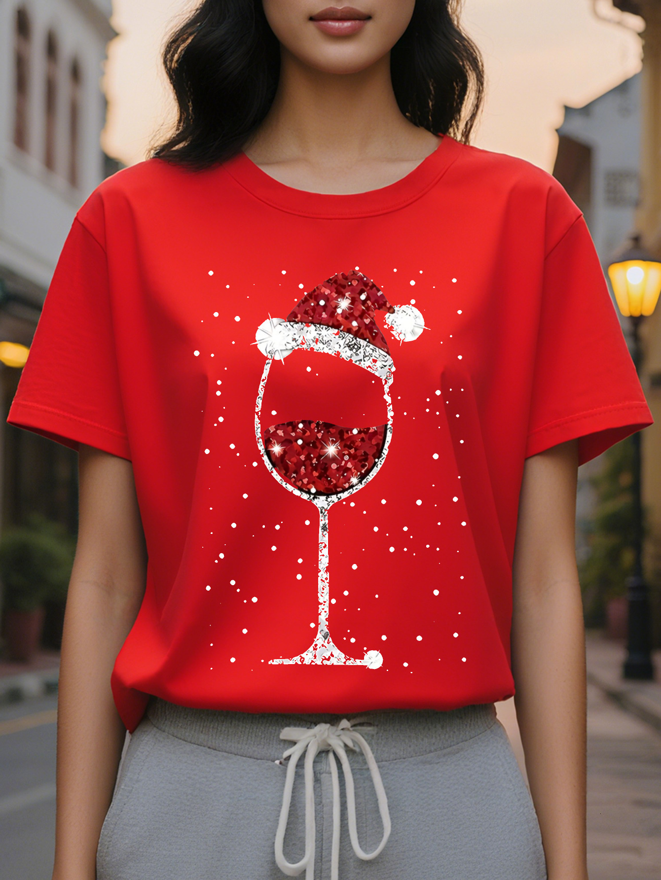 Large XL Christmas Wine Glass Santa Hat Pattern Print Round Neck T-Shirt Spring and Autumn Casual Tops Women's Clothing Plus Size