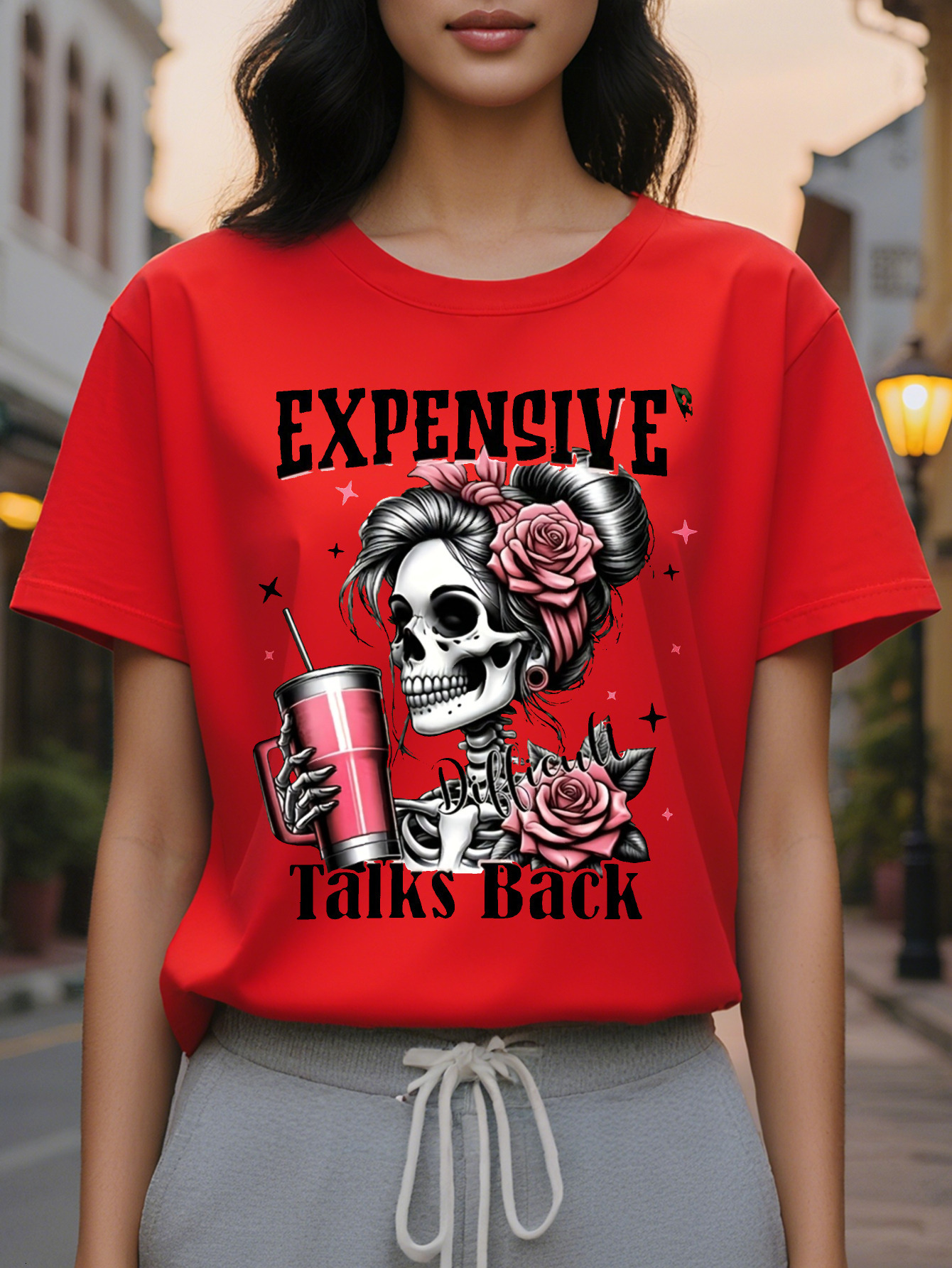 Women s Casual Graphic T Shirt with Bold Expensive Talks Back Print Edgy Skull Design Cotton High Washable