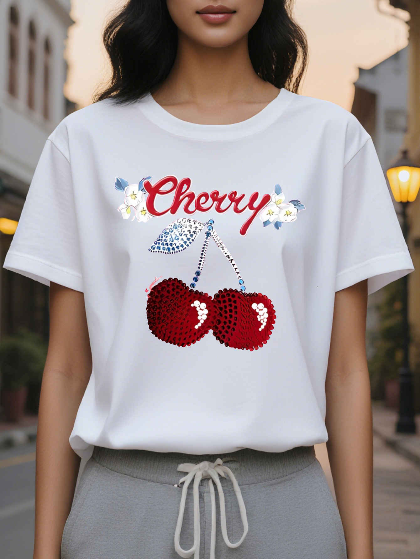 Cherry Personality Fashion Printed Round Neck Short Sleeve T-shirt Spring and Summer High-end Sense Slimming Women's