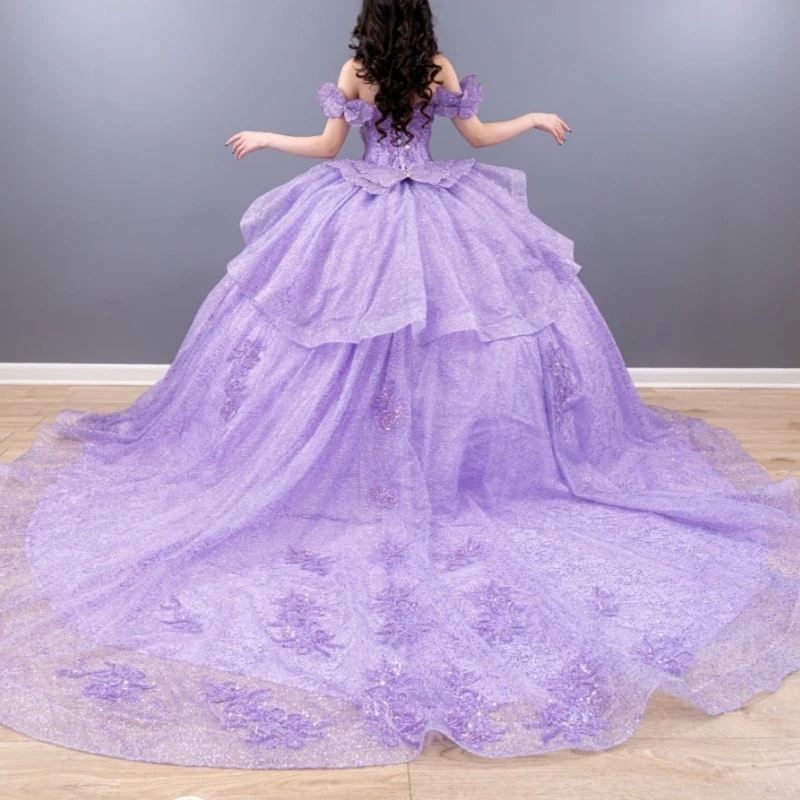 Lilac Shiny Quinceanera Dresses Ball Gown Off The Shoulder Applique Lace Beads Bow Sweet 16 Dress Vestidos 15 Anos