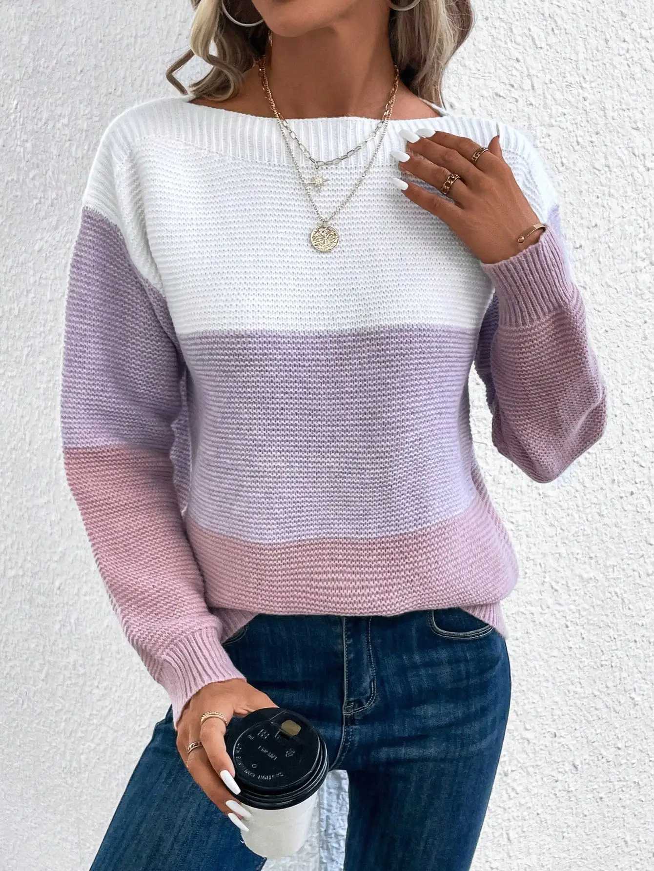 Elegant Threecolor Patchwork Sweater Women Daily Commuter Casual Loose Jumpers Female Autumn Winter Knitted Thickened Warm Tops M250904